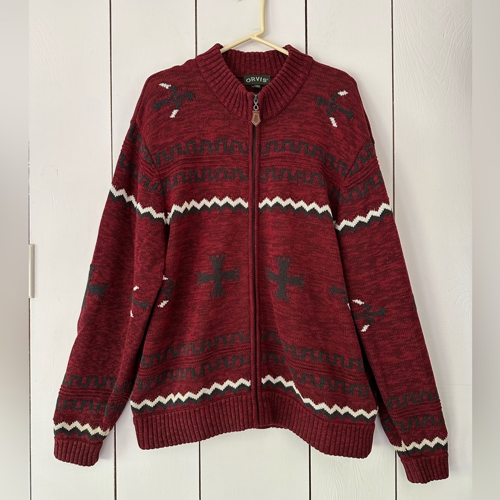 Orvis Southwestern Aztec Zip Cardigan Sweater Sz L-XL Burgundy Red Black